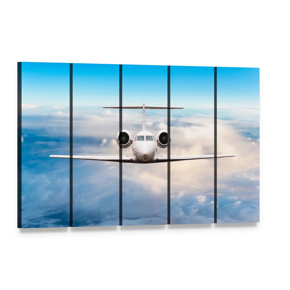 Private Jet in Flight Canvas Wall Art, 5 panel 5 Horizontal layout gallery wrapped canvas set, angled product view