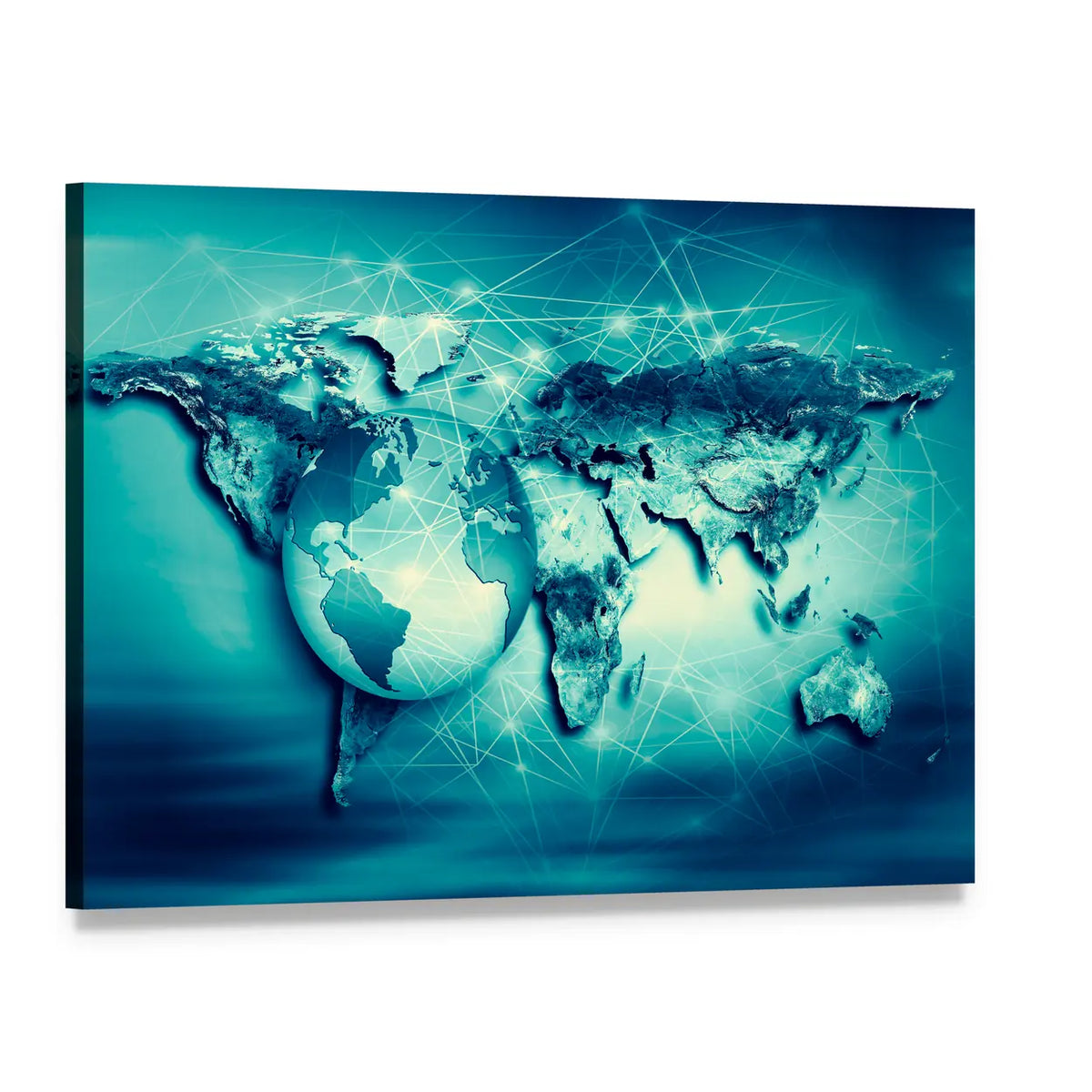 Connected World Map with Translucent Globe Canvas Wall Art, single panel gallery wrapped canvas, angled product view