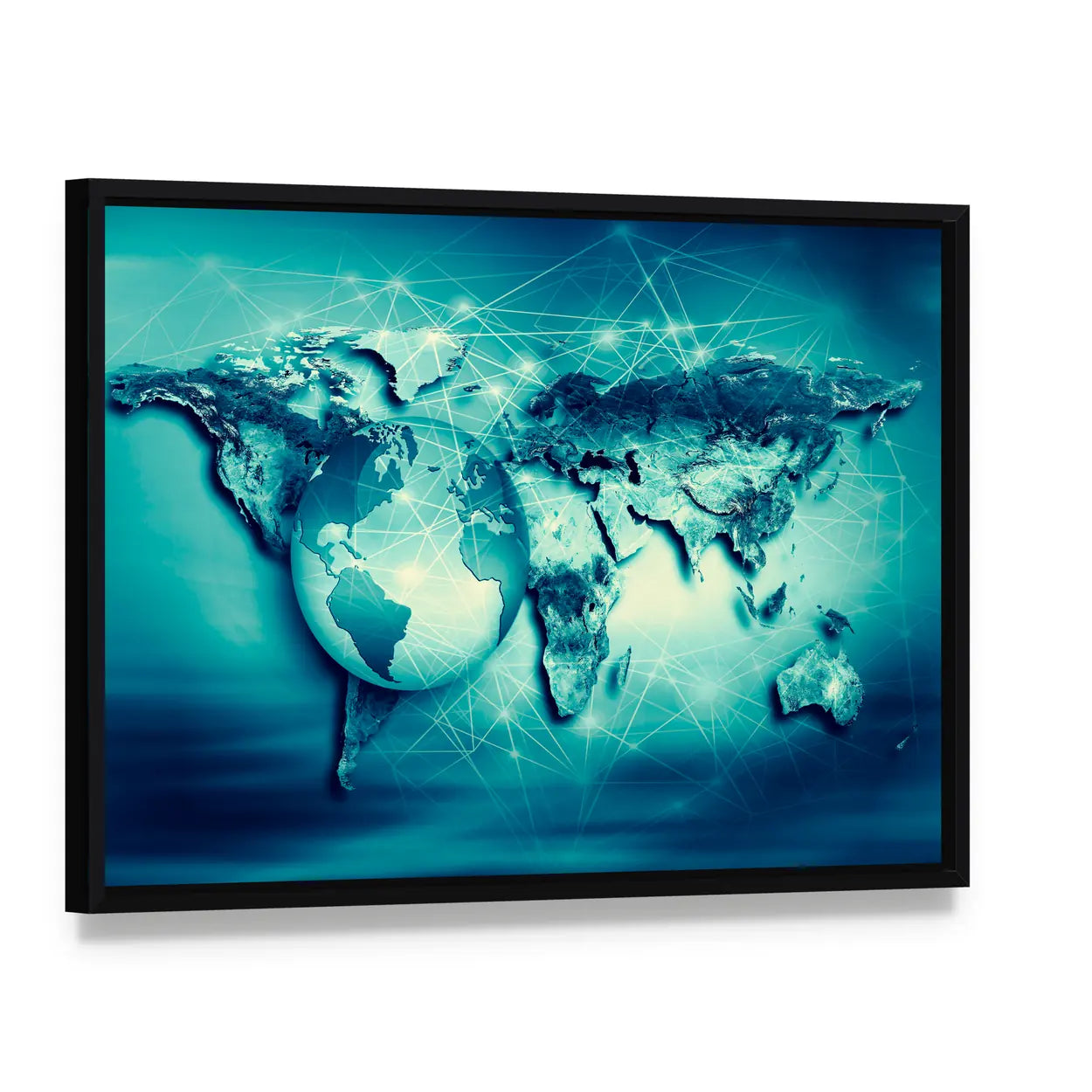Connected World Map with Translucent Globe Canvas Wall Art, framed canvas in a black floater frame, angled product view