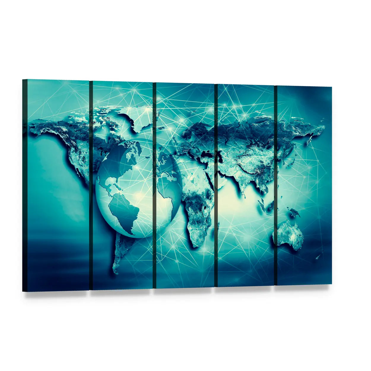 Connected World Map with Translucent Globe Canvas Wall Art, 5 panel 5 Horizontal layout gallery wrapped canvas set, angled product view