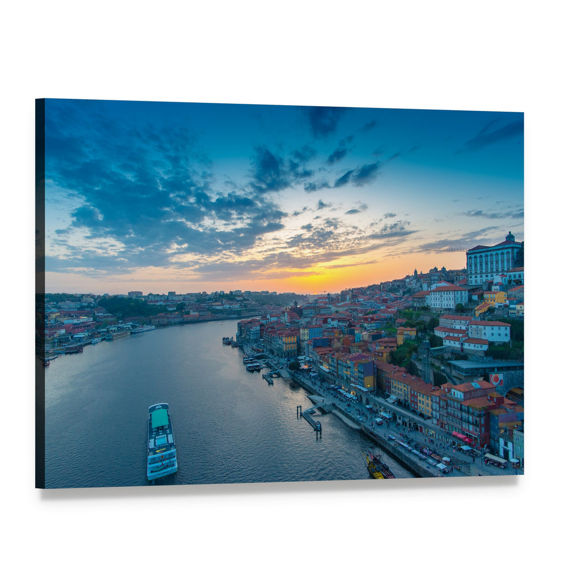 Sunset Over Riverfront City with Boat Canvas Wall Art, single panel gallery wrapped canvas, angled product view