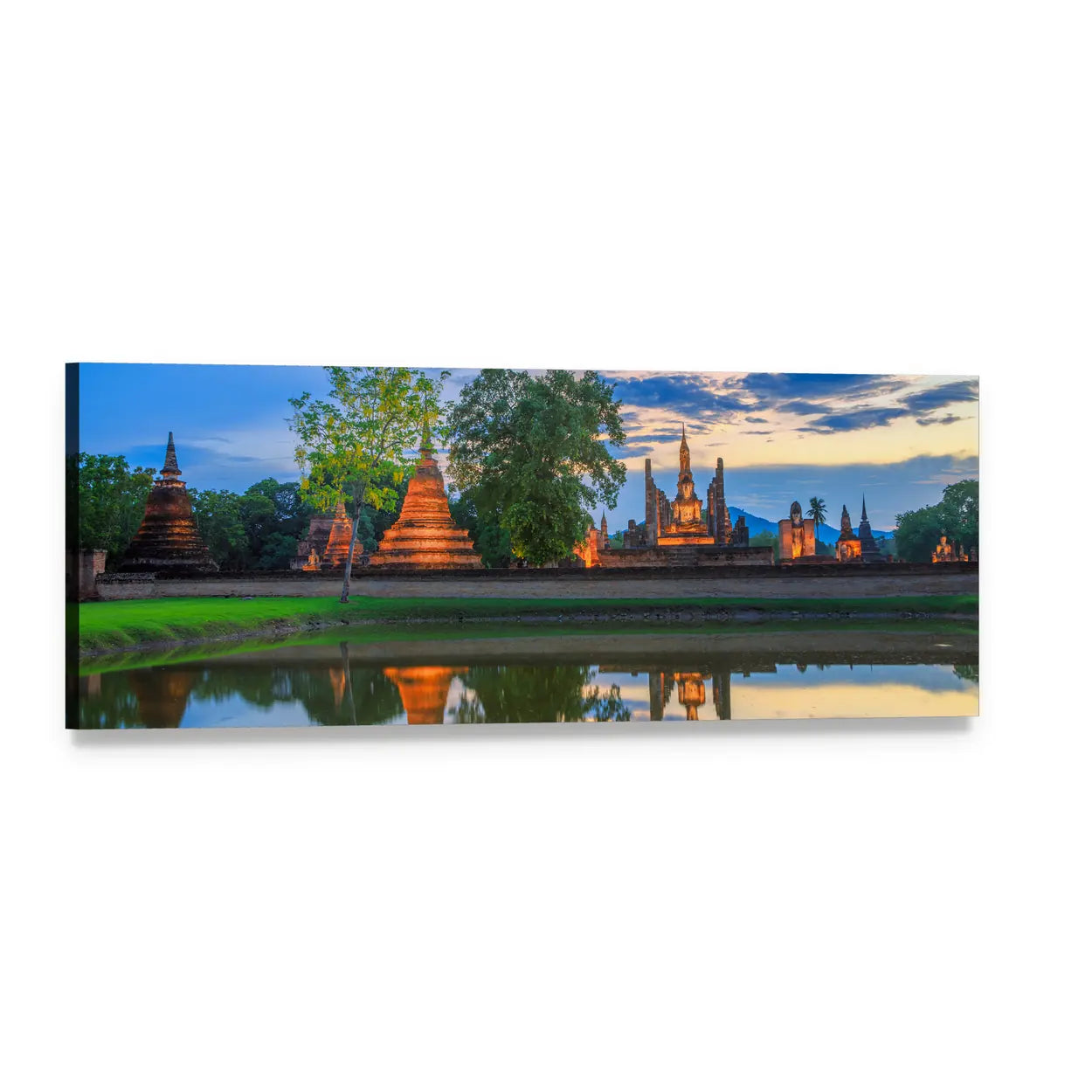 Buddha and Temple Reflections at Dusk Panoramic Canvas Wall Art, single panel gallery wrapped canvas, angled product view