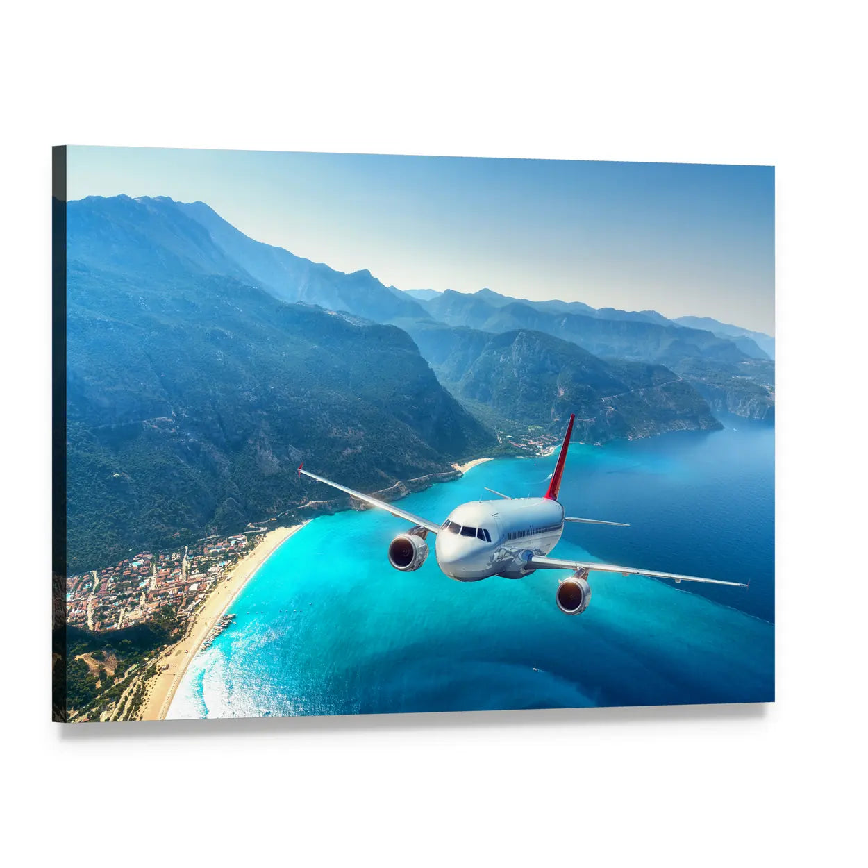 Red-tailed Jet Over Turquoise Coastline Canvas Wall Art, single panel gallery wrapped canvas, angled product view