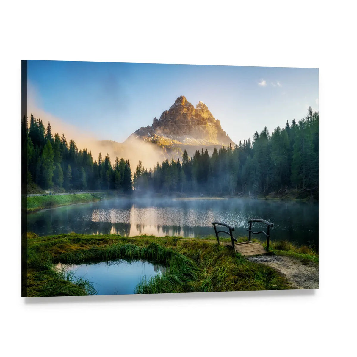 Antorno Lake Mountain Peak Canvas Wall Art, single panel gallery wrapped canvas, angled product view