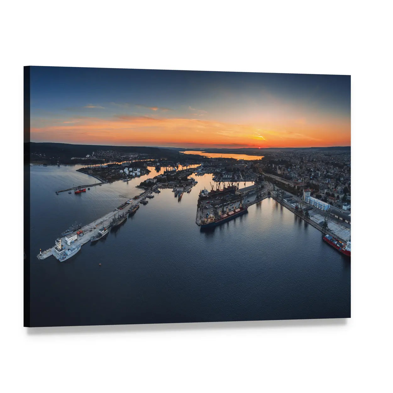 Aerial Industrial Harbor at Sunset Canvas Wall Art, single panel gallery wrapped canvas, angled product view