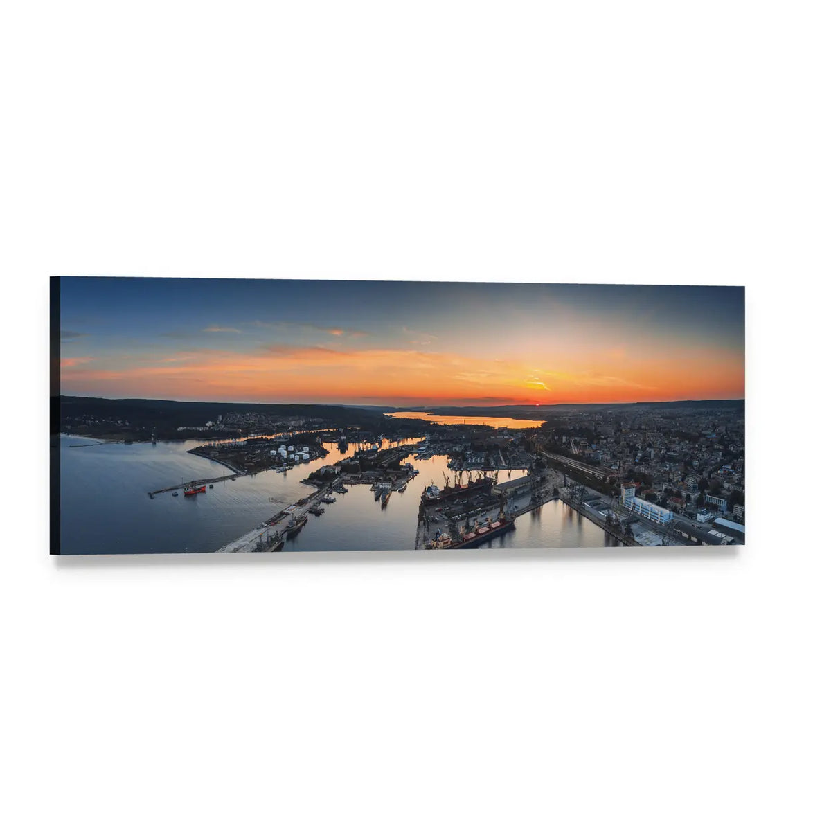 Varna Industrial Harbor at Dusk Panoramic Canvas Wall Art, single panel gallery wrapped canvas, angled product view