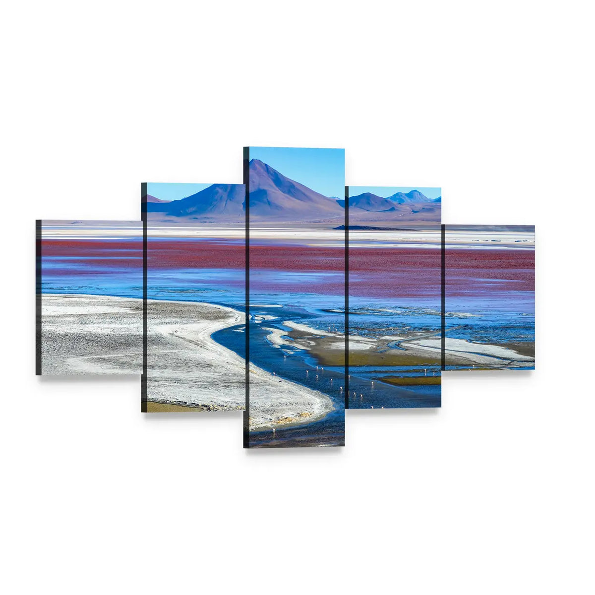 Laguna Colorada Bolivia Red Lagoon with Flamingos Canvas Wall Art, 5 panel 5 Star layout gallery wrapped canvas set, angled product view