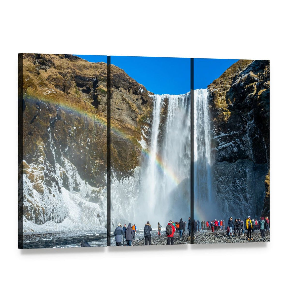 Skogafoss Winter Waterfall with Rainbow Canvas Wall Art, 3 panel 3 Horizontal layout gallery wrapped canvas set, angled product view
