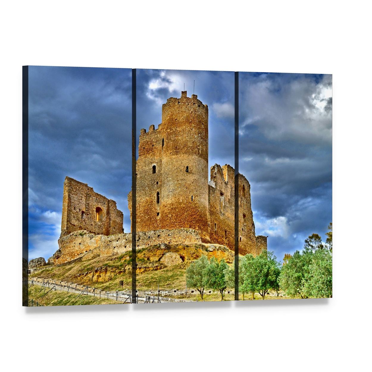 Mazzarino Medieval Castle Canvas Wall Art, 3 panel 3 Horizontal layout gallery wrapped canvas set, angled product view