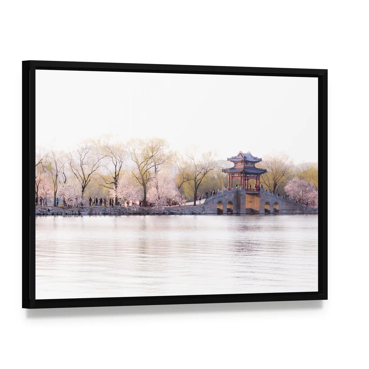 Beijing Palace with Cherry Blossoms Canvas Wall Art, framed canvas in a black floater frame, angled product view