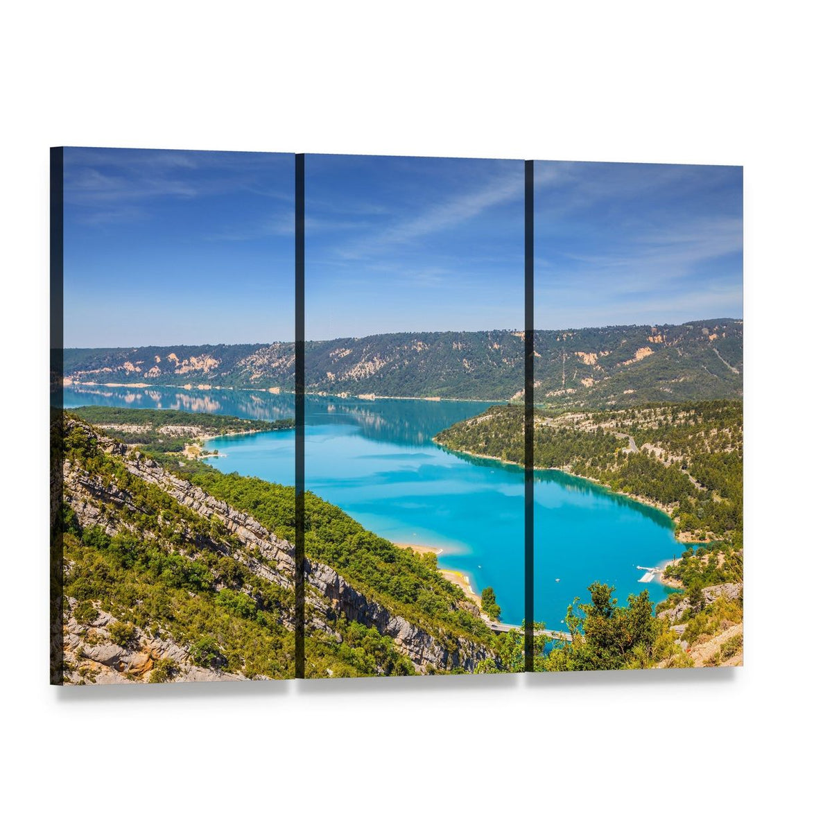 Verdon Canyon Landscape Canvas Wall Art, 3 panel 3 Horizontal layout gallery wrapped canvas set, angled product view