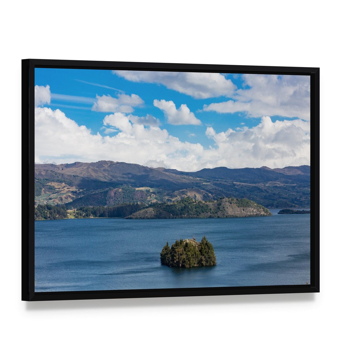 Tota Lake in Boyaca Canvas Wall Art, framed canvas in a black floater frame, angled product view