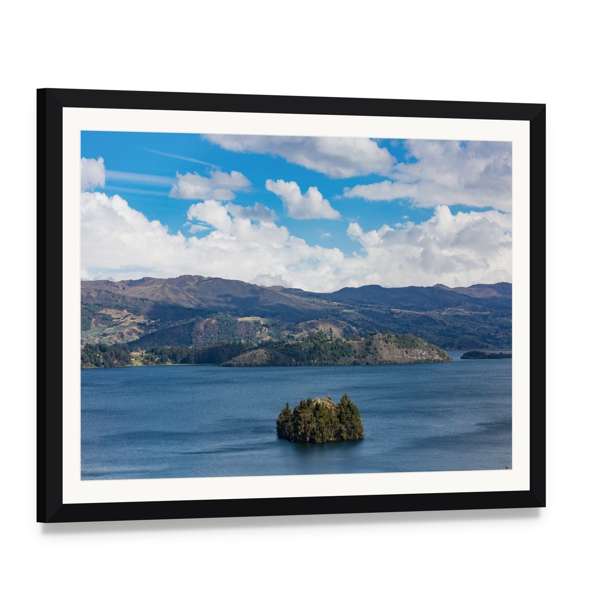 Tota Lake in Boyaca Canvas Wall Art, framed print with white mat and black frame, angled product view