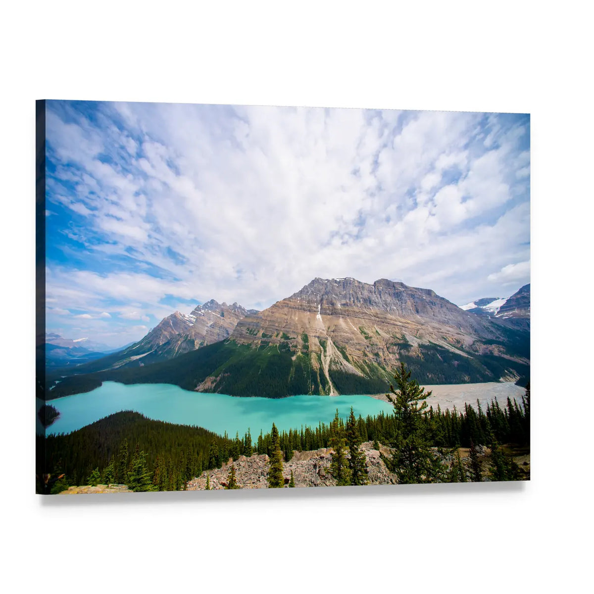 Peyto Lake Turquoise Landscape Canvas Wall Art, single panel gallery wrapped canvas, angled product view