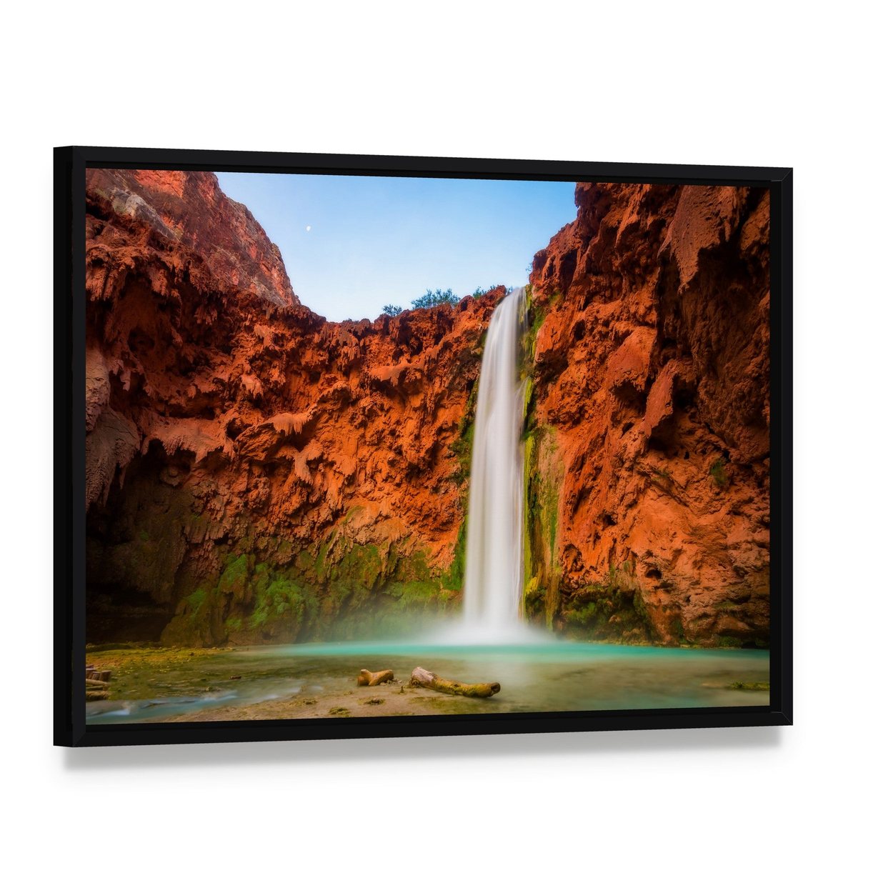 Turquoise Waters of Mooney Falls Canvas Wall Art, framed canvas in a black floater frame, angled product view