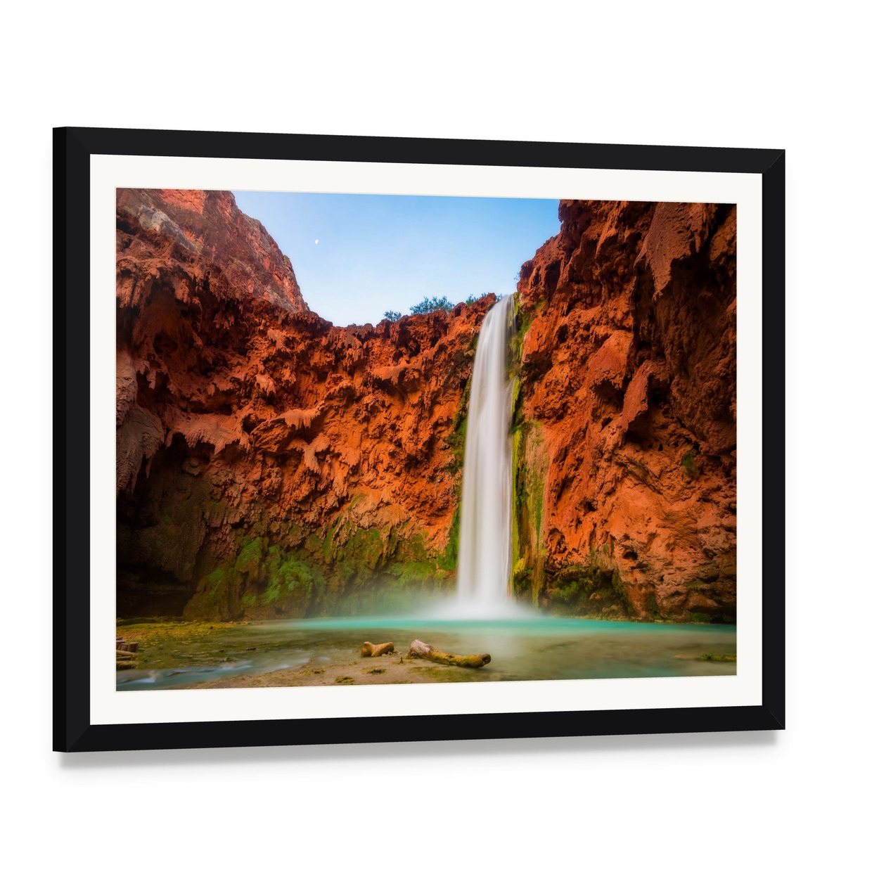 Turquoise Waters of Mooney Falls Canvas Wall Art, framed print with white mat and black frame, angled product view