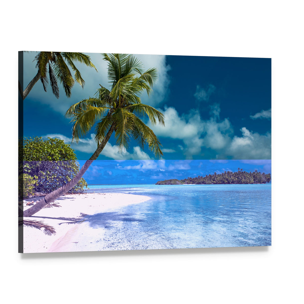 Tropical Sandy Beach with Palm Trees Canvas Wall Art, single panel gallery wrapped canvas, angled product view
