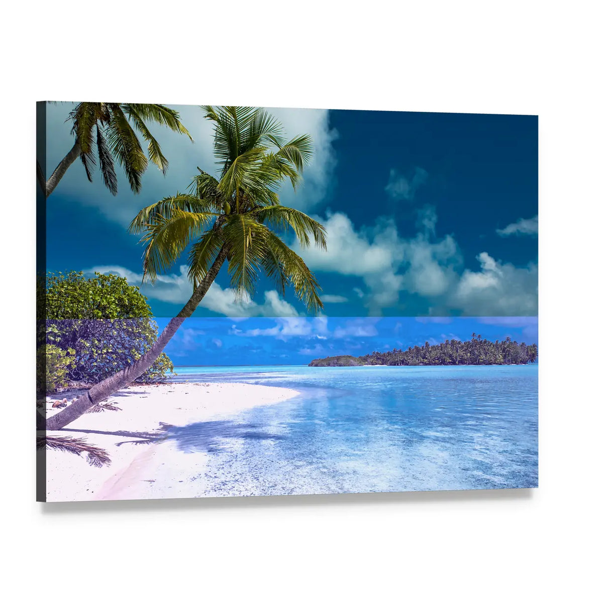 Leaning Palm on Turquoise Sandy Beach Canvas Wall Art, single panel gallery wrapped canvas, angled product view