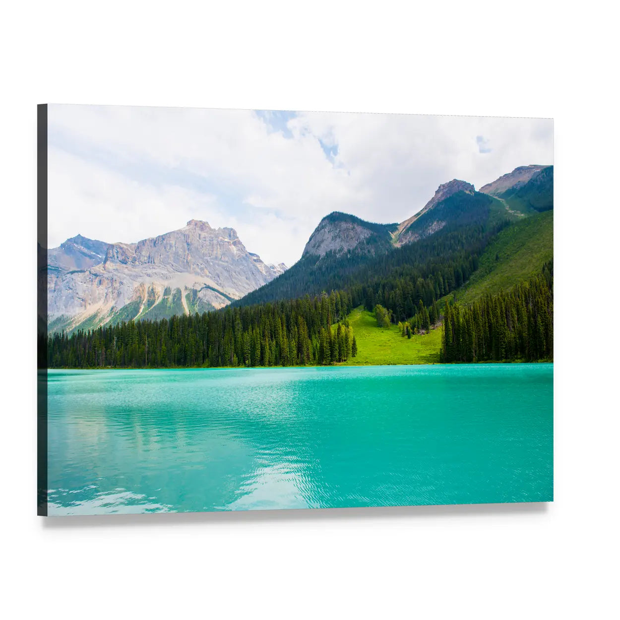 Emerald Lake with Alpine Pines Canvas Wall Art, single panel gallery wrapped canvas, angled product view