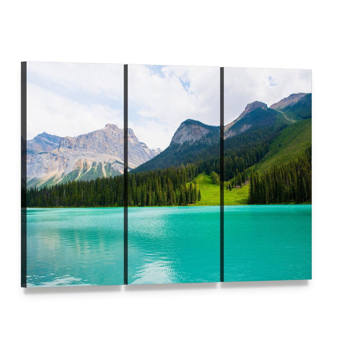 Emerald Lake with Jagged Mountain Peaks Canvas Wall Art, 3 panel 3 Horizontal layout gallery wrapped canvas set, angled product view