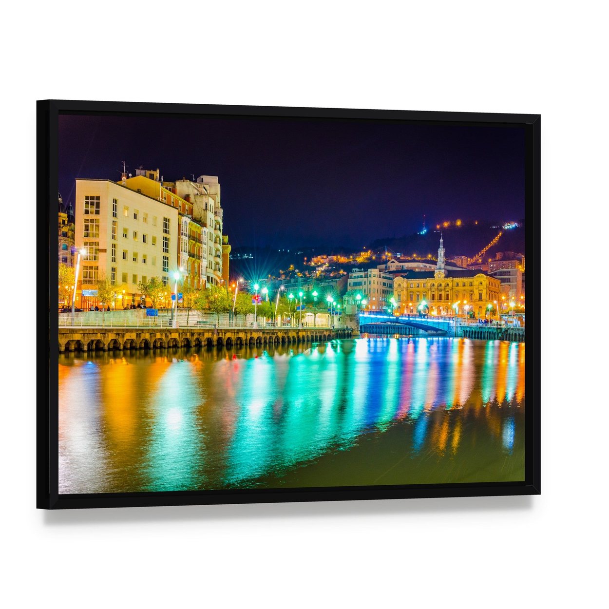Nervion River at Night Canvas Wall Art, framed canvas in a black floater frame, angled product view