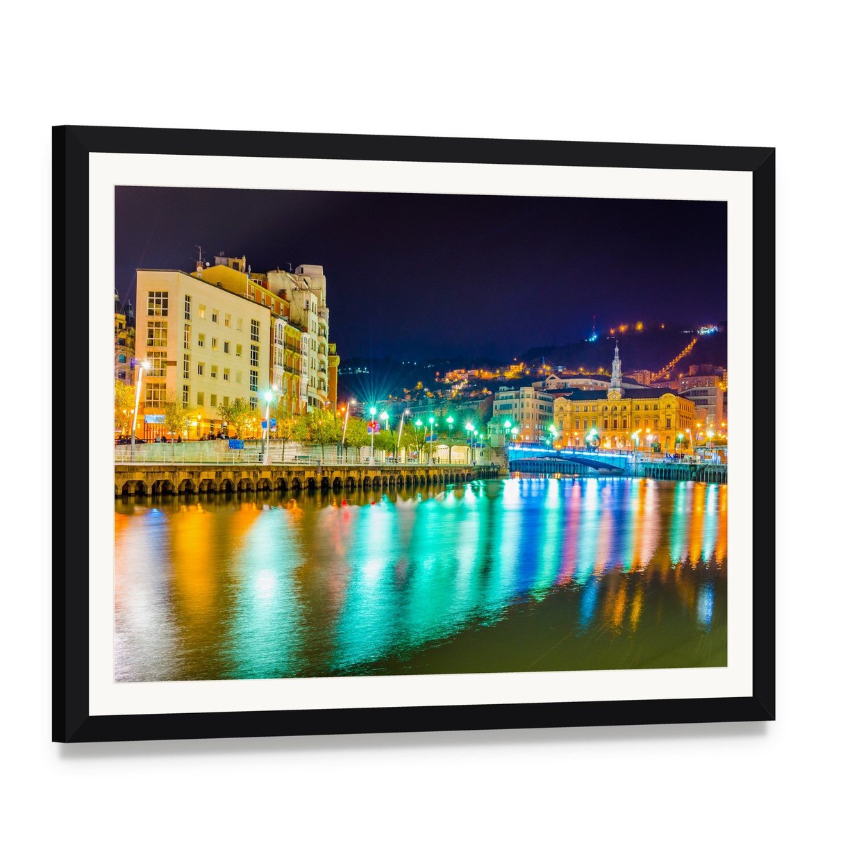 Nervion River at Night Canvas Wall Art, framed print with white mat and black frame, angled product view