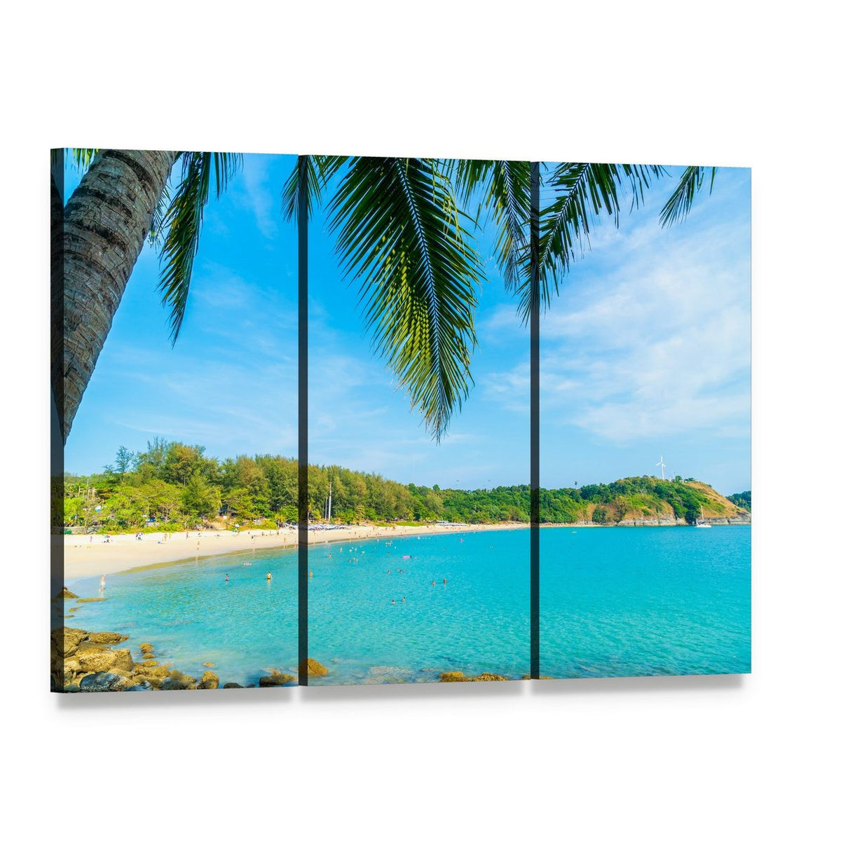Palm Tree Paradise Island Canvas Wall Art, 3 panel 3 Horizontal layout gallery wrapped canvas set, angled product view