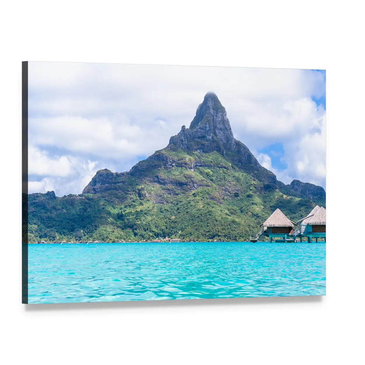 Turquoise Lagoon with Overwater Bungalows and Peak Canvas Wall Art, single panel gallery wrapped canvas, angled product view