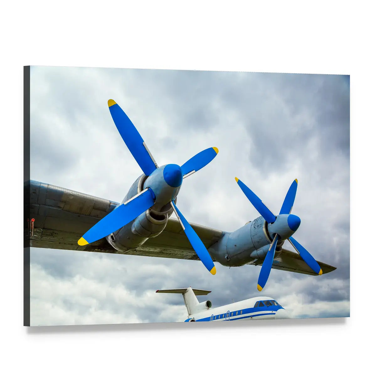Turboprop Wing with Blue Propellers Canvas Wall Art, single panel gallery wrapped canvas, angled product view
