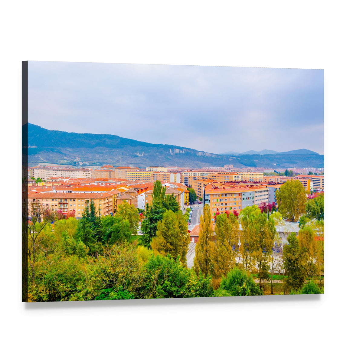 Autumn Cityscape with Orange Roofs Canvas Wall Art, single panel gallery wrapped canvas, angled product view