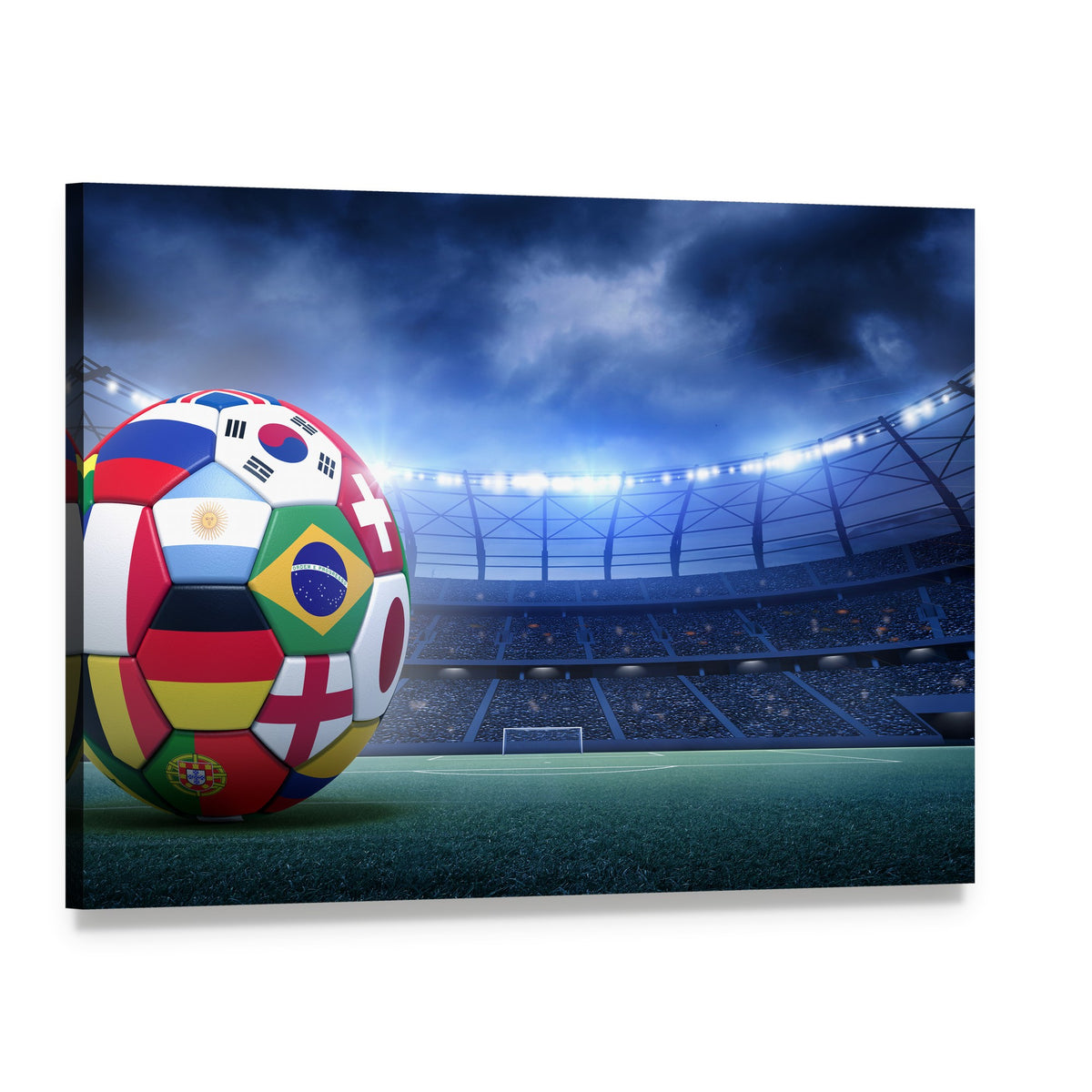 Flag-covered Soccer Ball in Stadium Canvas Wall Art, single panel gallery wrapped canvas, angled product view