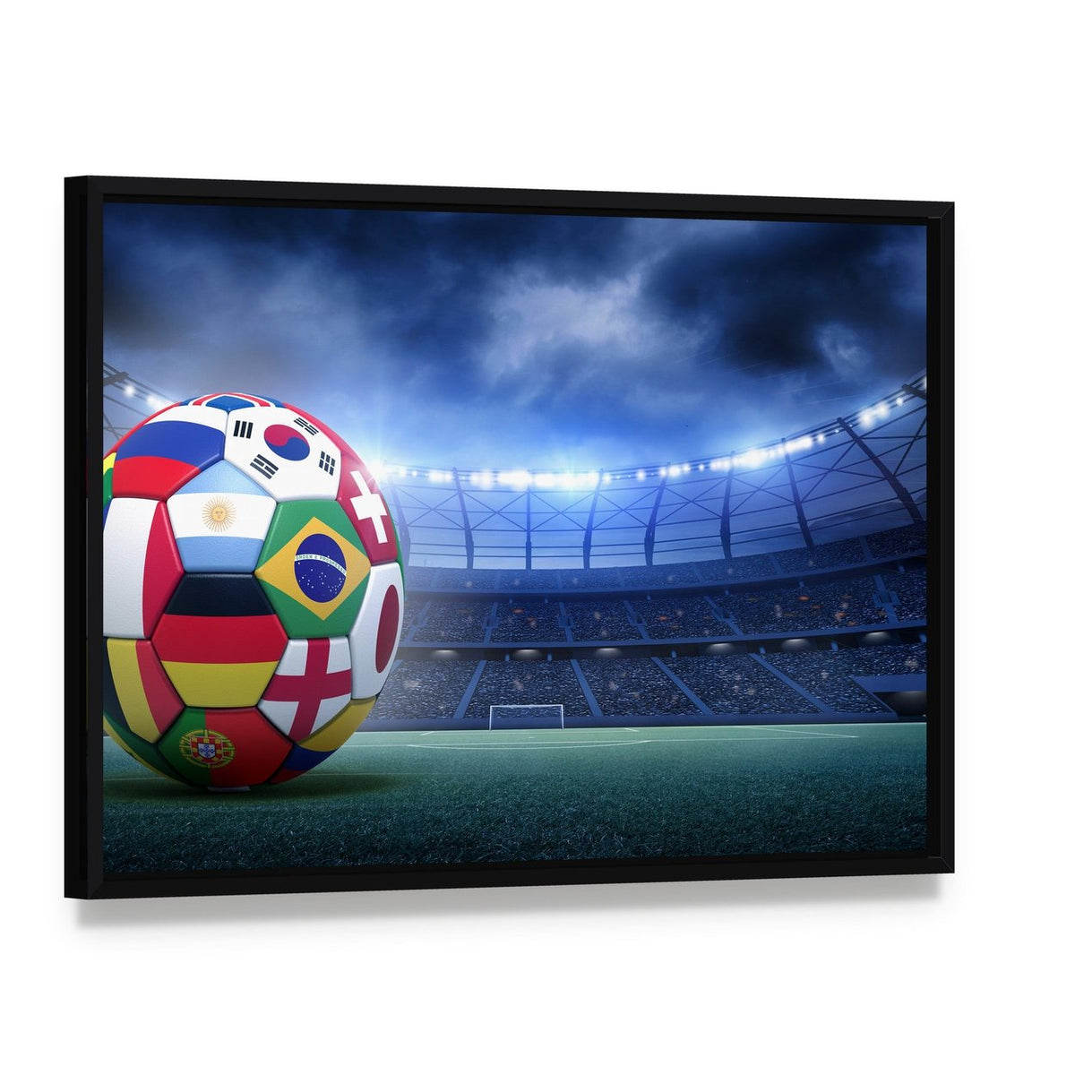 Flag-covered Soccer Ball in Stadium Canvas Wall Art, framed canvas in a black floater frame, angled product view