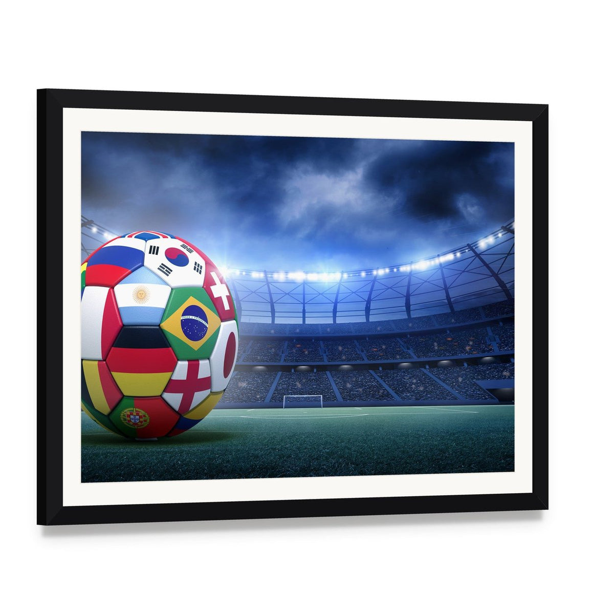 Flag-covered Soccer Ball in Stadium Canvas Wall Art, framed print with white mat and black frame, angled product view