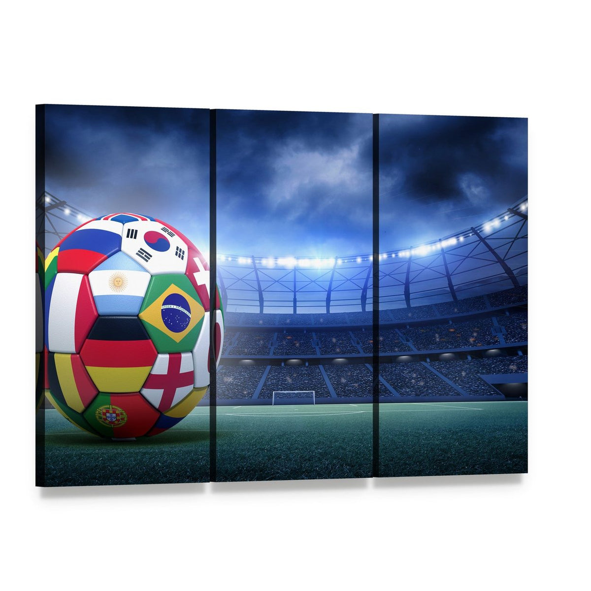 Flag-covered Soccer Ball in Stadium Canvas Wall Art, 3 panel 3 Horizontal layout gallery wrapped canvas set, angled product view