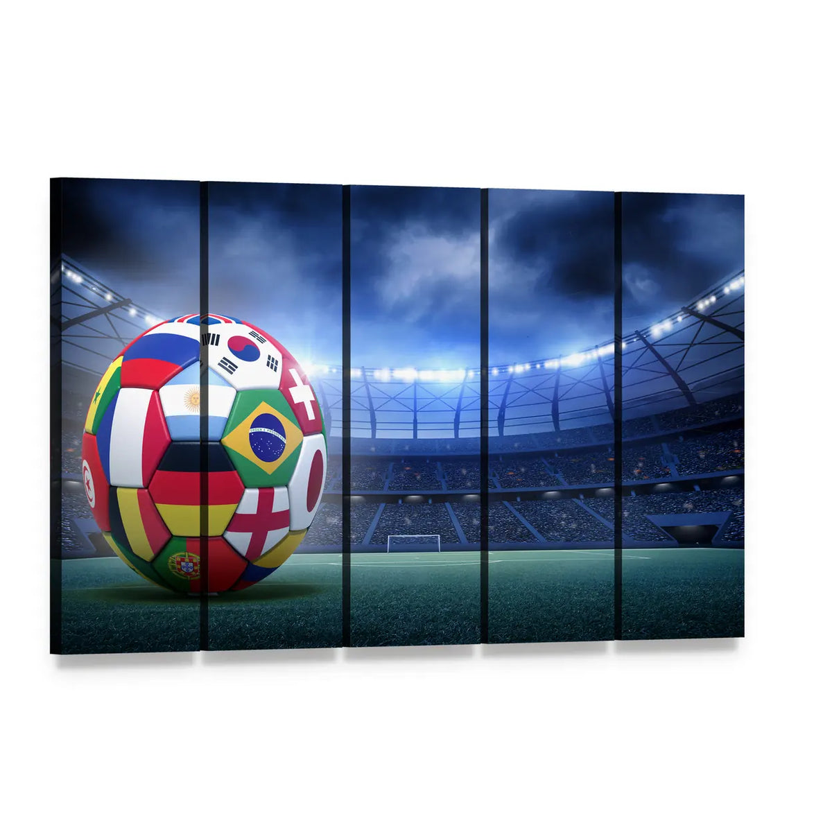 Soccer Ball with International Flags Canvas Wall Art, 5 panel 5 Horizontal layout gallery wrapped canvas set, angled product view