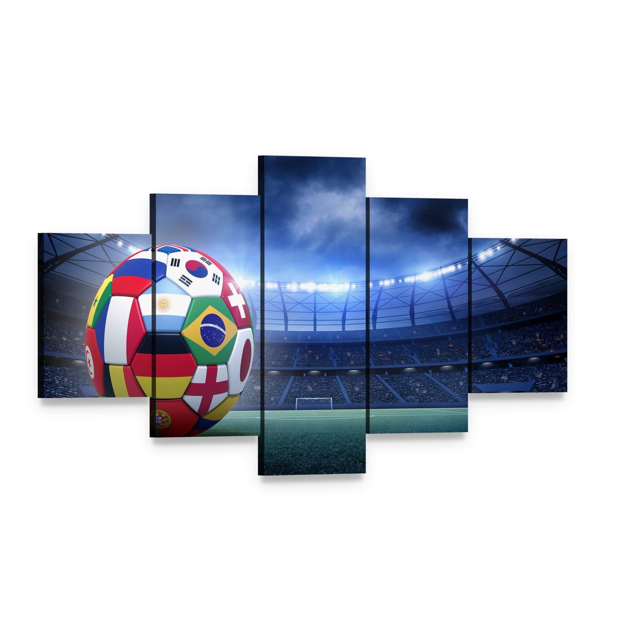 Flag-covered Soccer Ball in Stadium Canvas Wall Art, 5 panel 5 Star layout gallery wrapped canvas set, angled product view