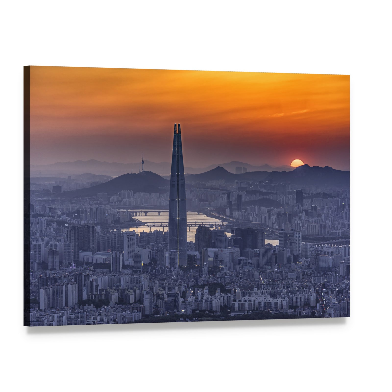 Seoul Skyline at Sunset Canvas Wall Art, single panel gallery wrapped canvas, angled product view
