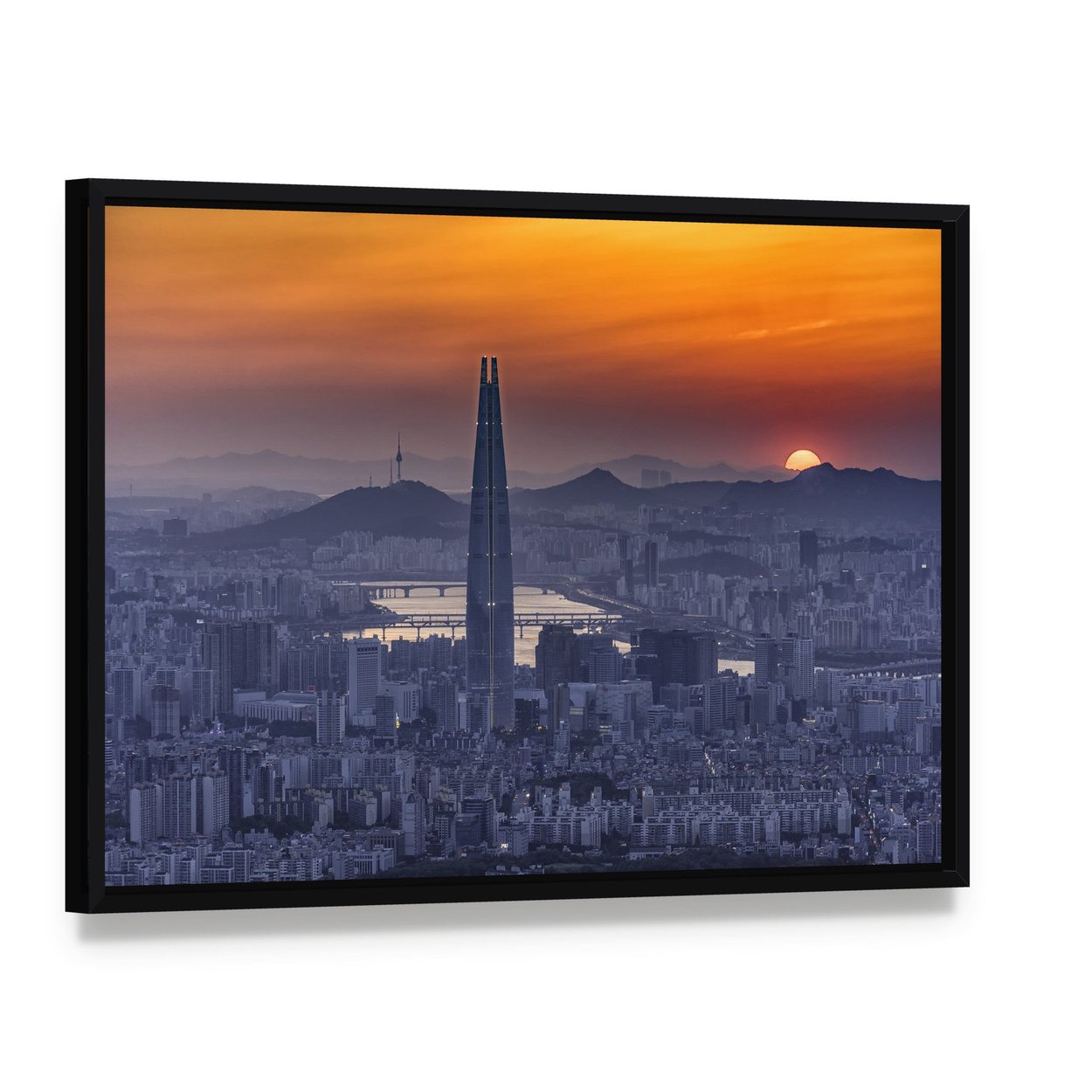 Seoul Skyline at Sunset Canvas Wall Art, framed canvas in a black floater frame, angled product view
