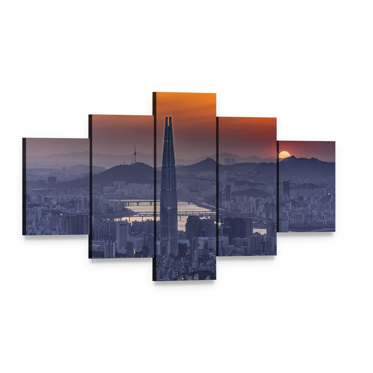Seoul Skyline at Sunset Canvas Wall Art, 5 panel 5 Star layout gallery wrapped canvas set, angled product view