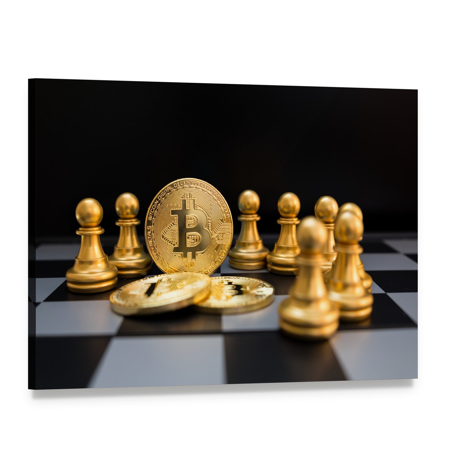 Golden Bitcoin and Chess Pieces Canvas Wall Art, single panel gallery wrapped canvas, angled product view