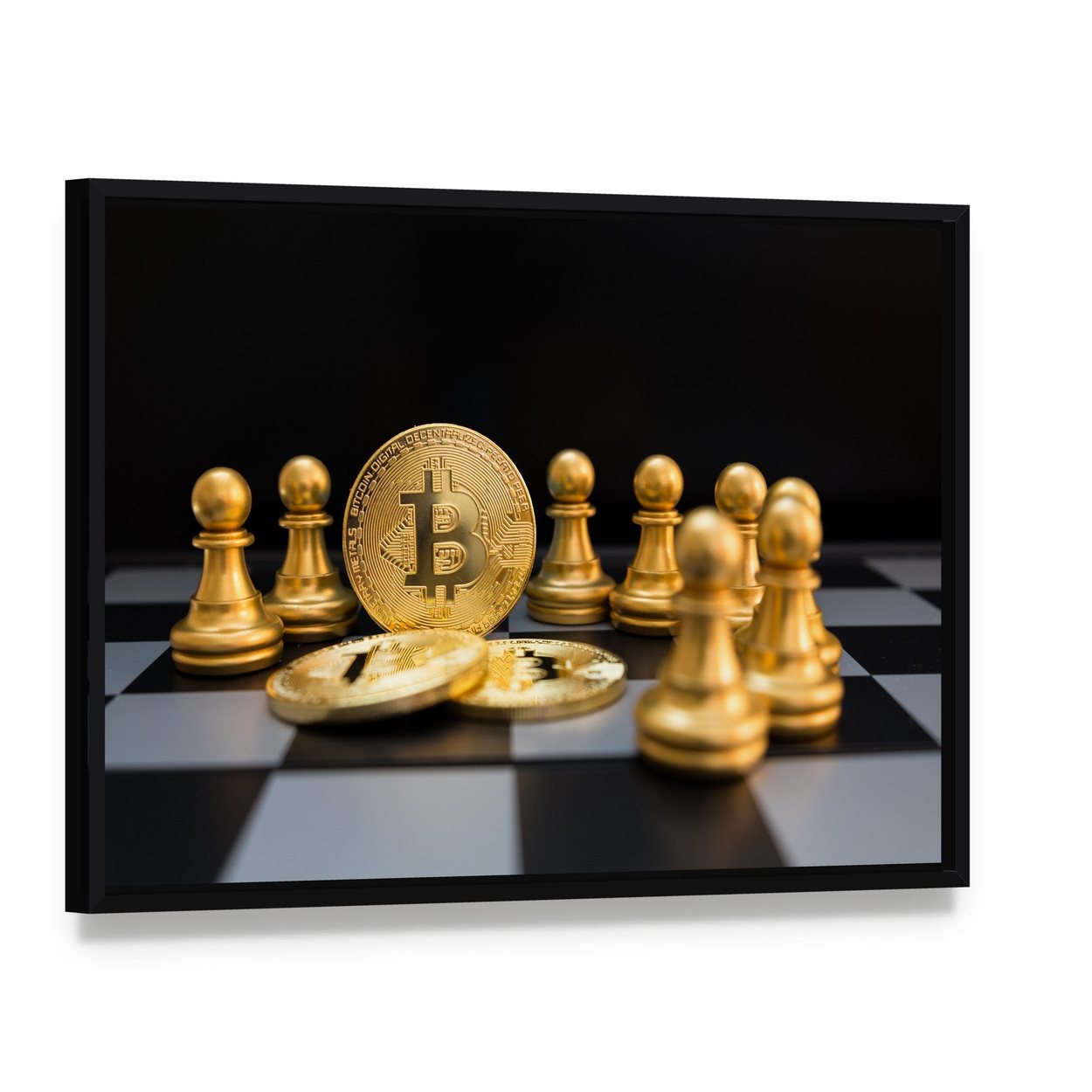 Golden Bitcoin and Chess Pieces Canvas Wall Art, framed canvas in a black floater frame, angled product view