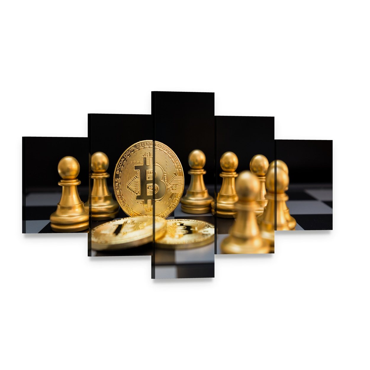 Golden Bitcoin and Chess Pieces Canvas Wall Art, 5 panel 5 Star layout gallery wrapped canvas set, angled product view
