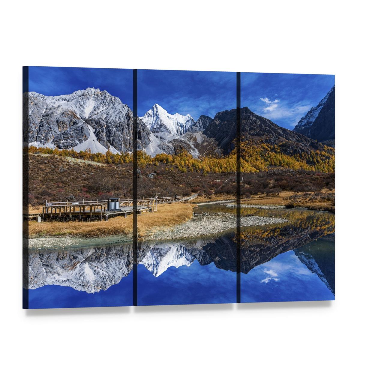 Yading Mountains and Lake Reflection Canvas Wall Art, 3 panel 3 Horizontal layout gallery wrapped canvas set, angled product view
