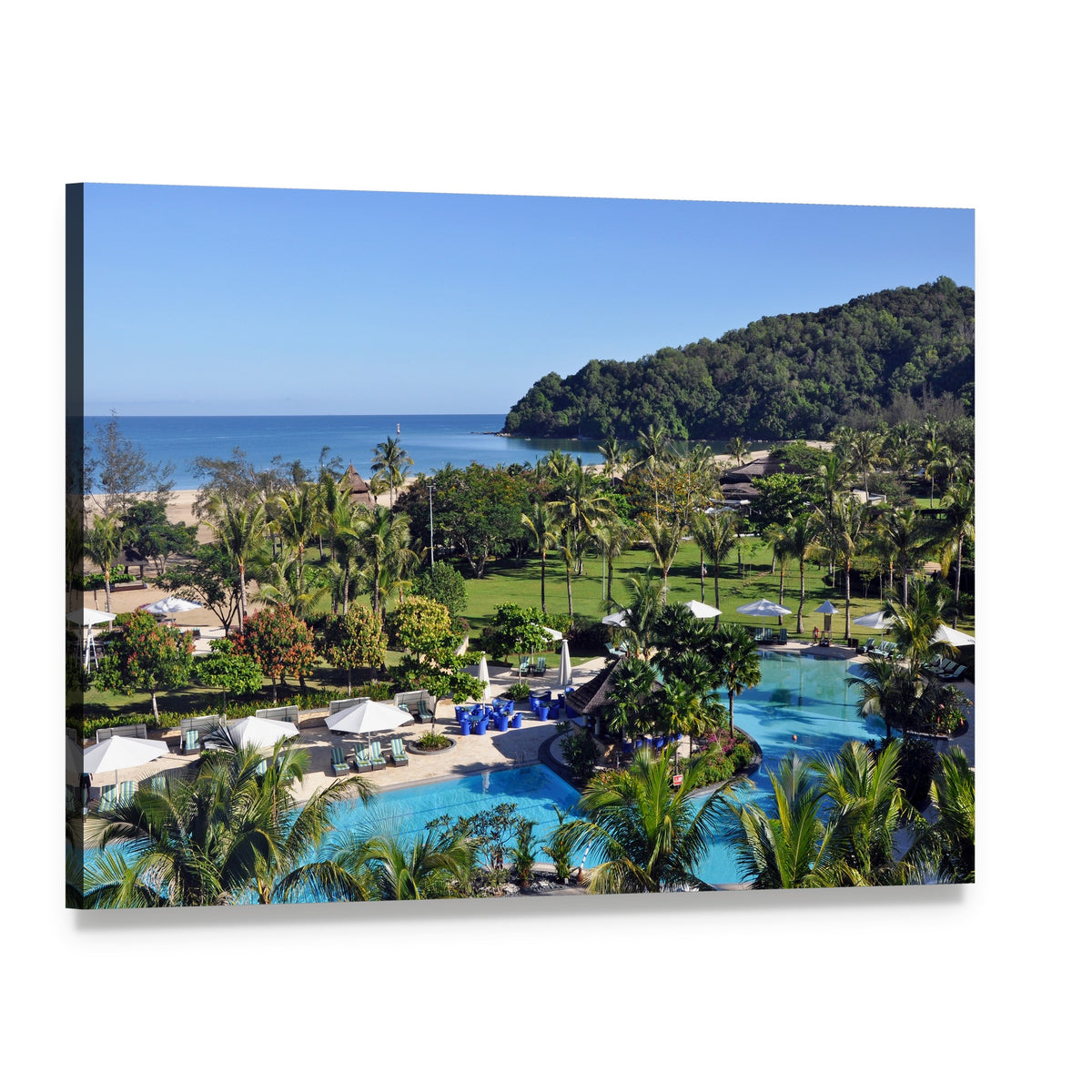 Aerial View of Tropical Resort Pool Canvas Wall Art, single panel gallery wrapped canvas, angled product view