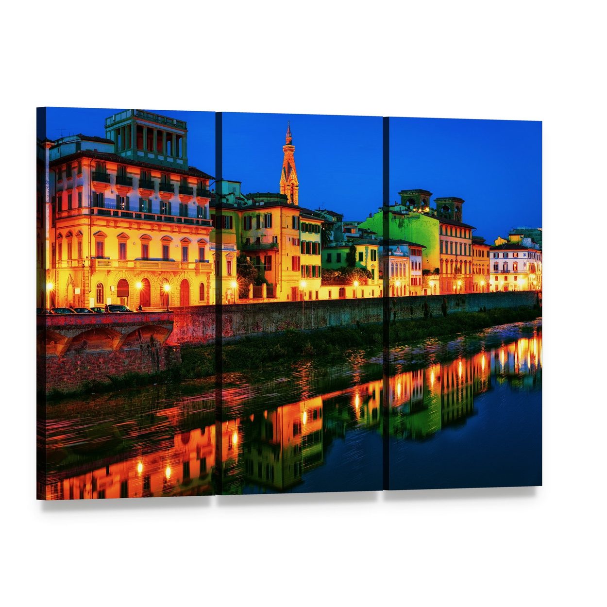Arno River Embankment at Dusk Canvas Wall Art, 3 panel 3 Horizontal layout gallery wrapped canvas set, angled product view
