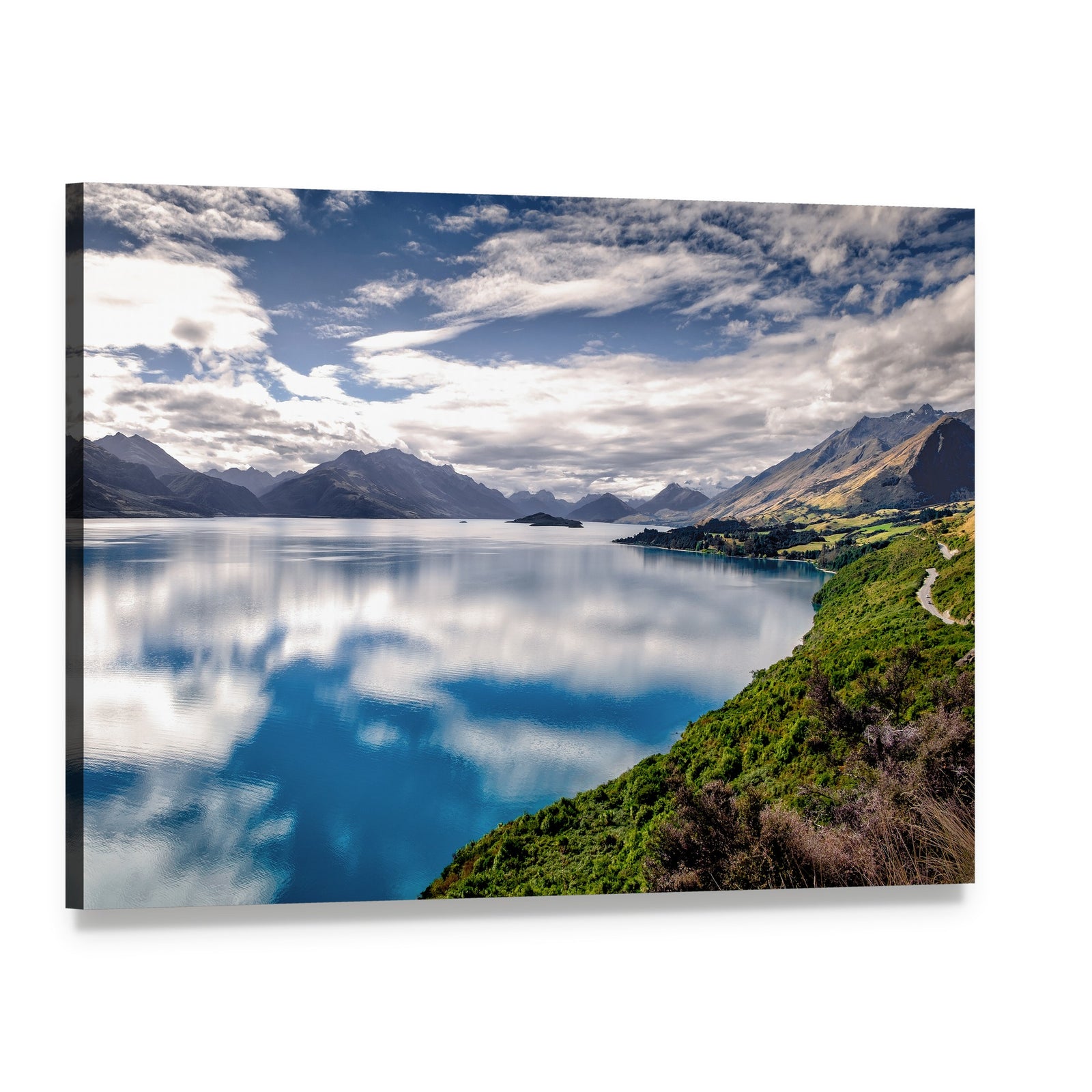 Lake Wakatipu Reflection Canvas Wall Art, single panel gallery wrapped canvas, angled product view