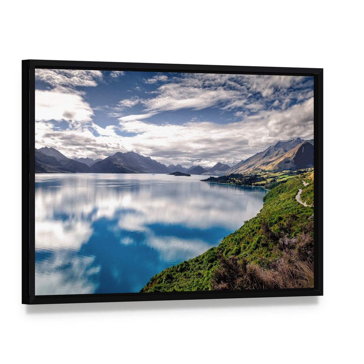 Lake Wakatipu Reflection Canvas Wall Art, framed canvas in a black floater frame, angled product view
