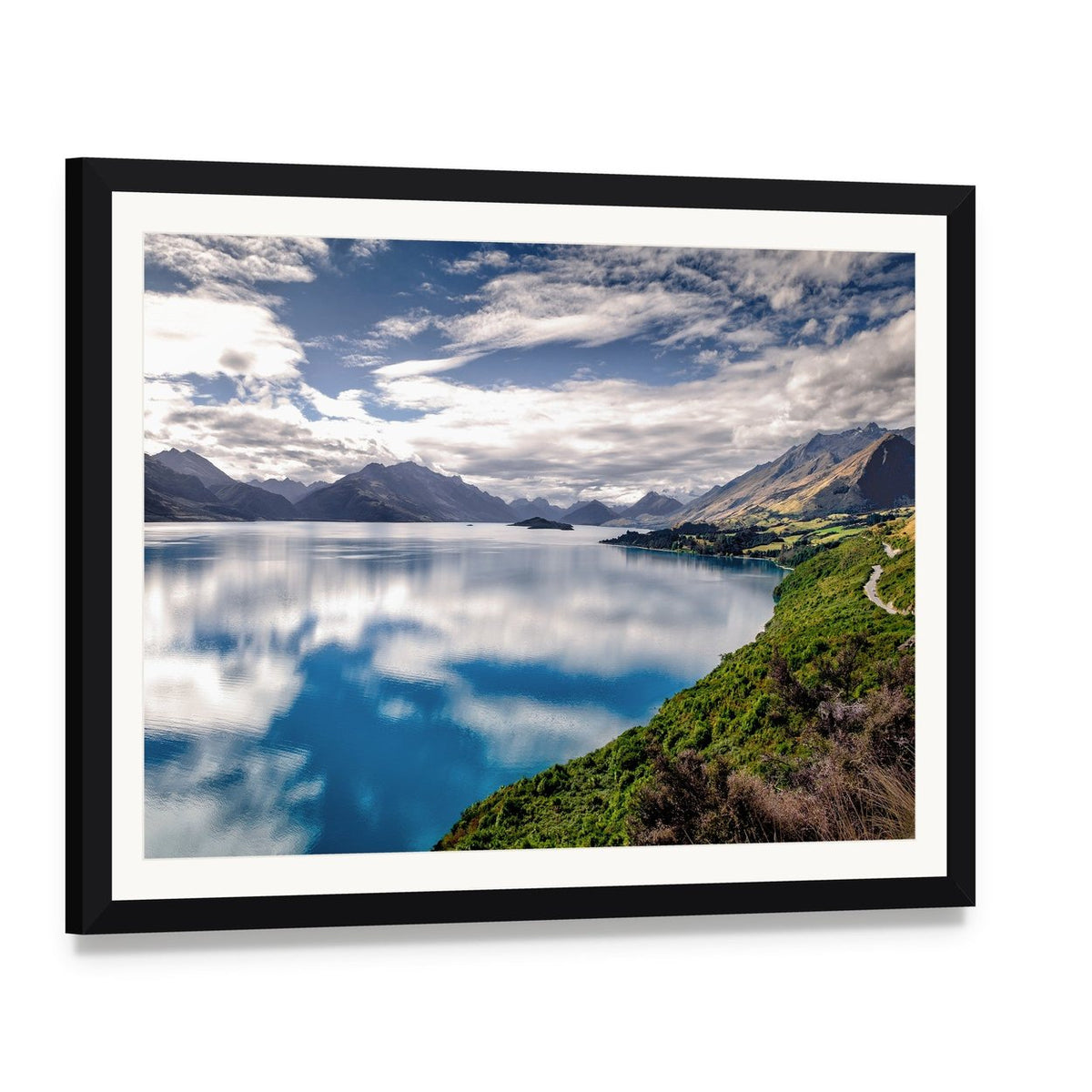 Lake Wakatipu Reflection Canvas Wall Art, framed print with white mat and black frame, angled product view