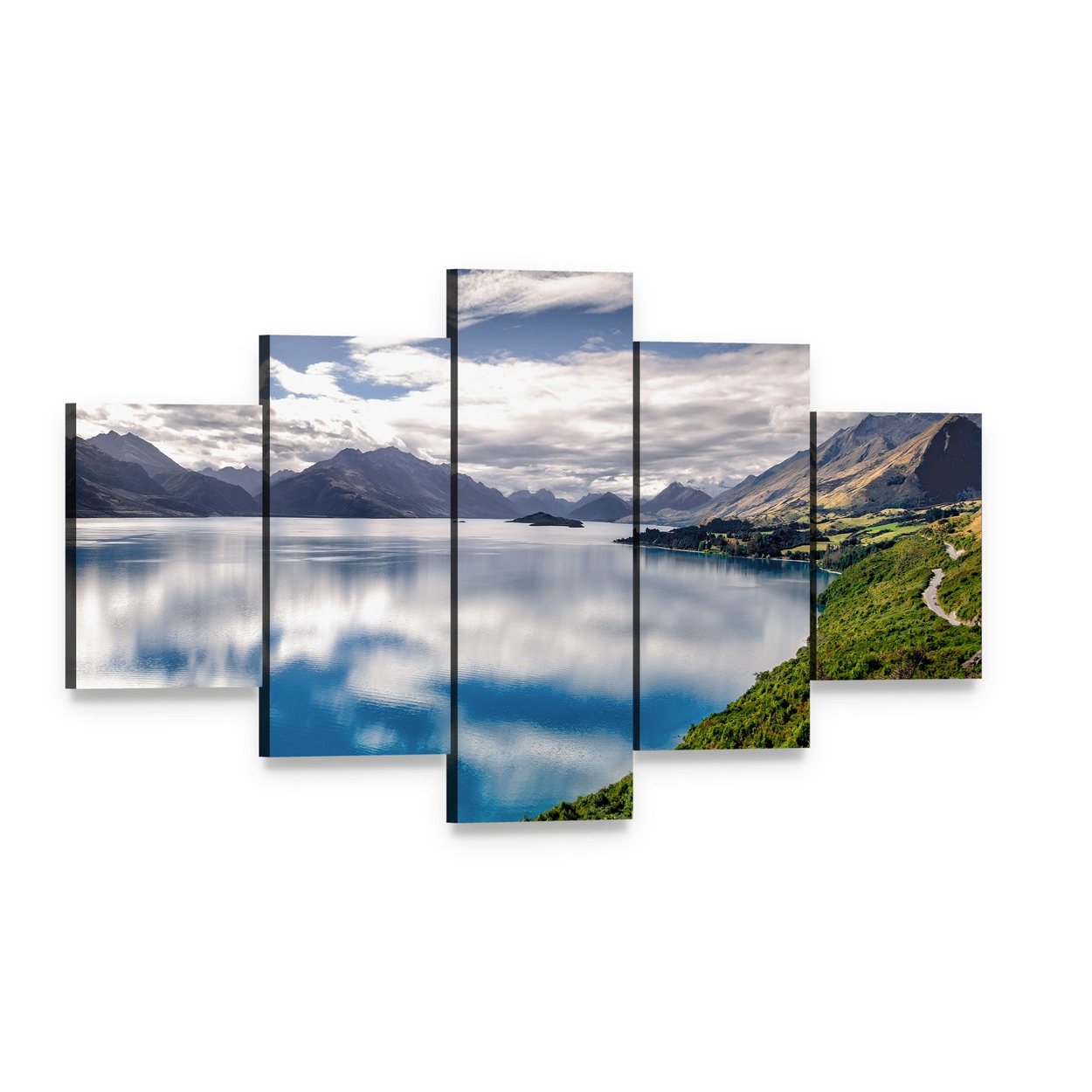 Lake Wakatipu Reflection Canvas Wall Art, 5 panel 5 Star layout gallery wrapped canvas set, angled product view