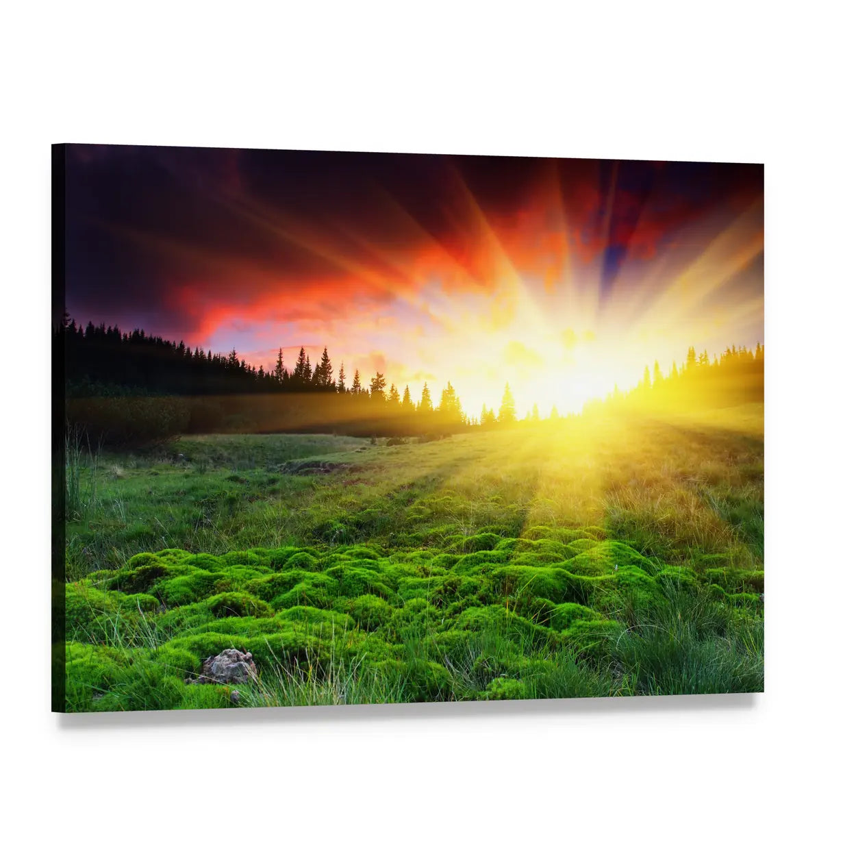 Mountain Sunrise Over Green Field Canvas Wall Art, single panel gallery wrapped canvas, angled product view